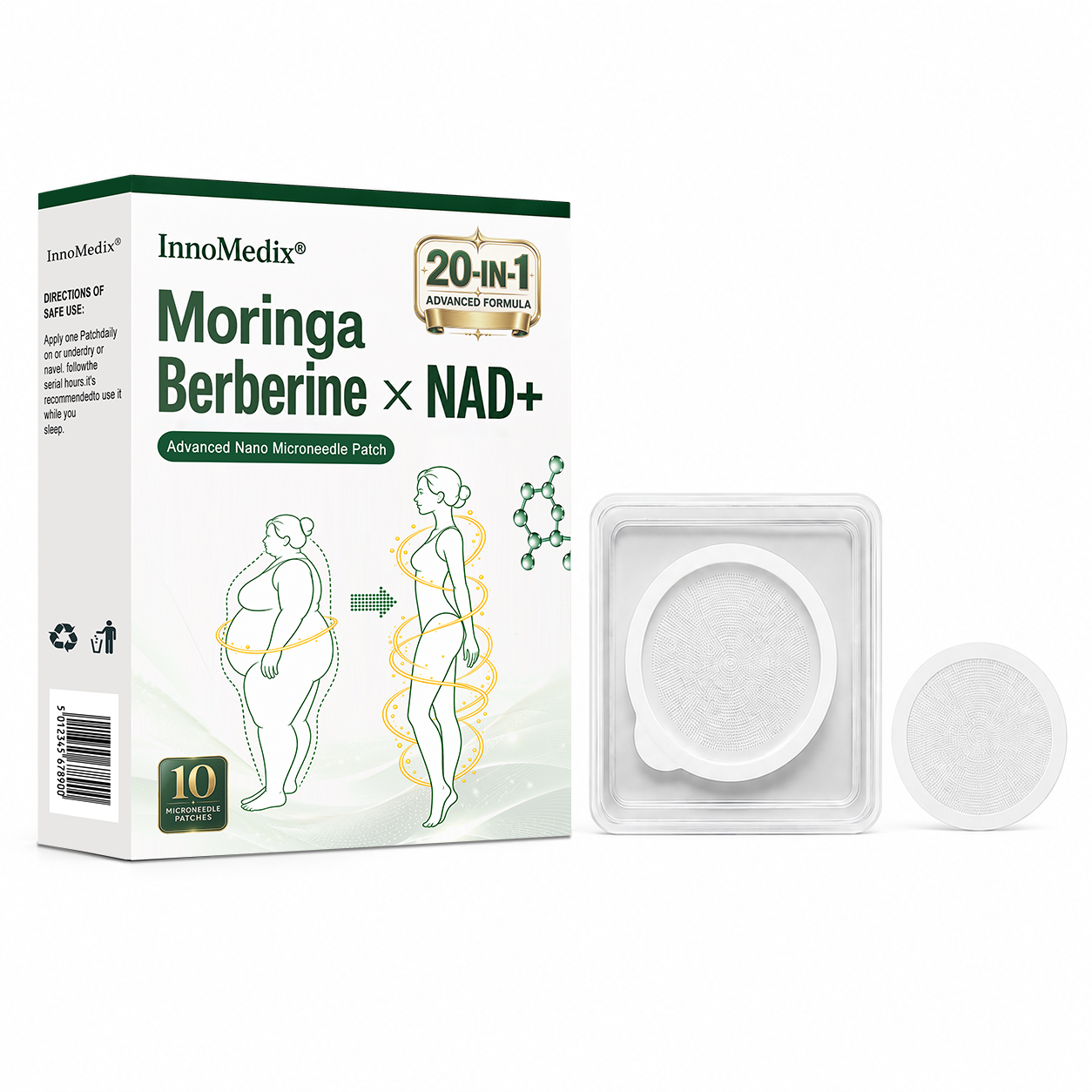 InnoMedix® Moringa · Berberine × NAD+ 20-IN-1 Advanced Nano Microneedle Patch